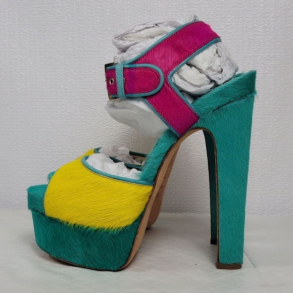 Brian Atwood Karin Multicolor Pony Hair Platform High Heel Sandal Shoes Size 39 - Picture 2 of 13